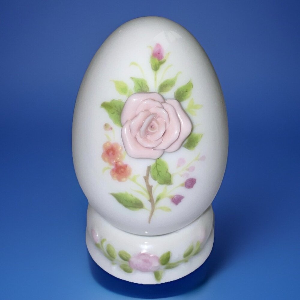 Vintage Ebeling & Reuss Egg With Stand Porcelain Pink Flower Floral Print Decor